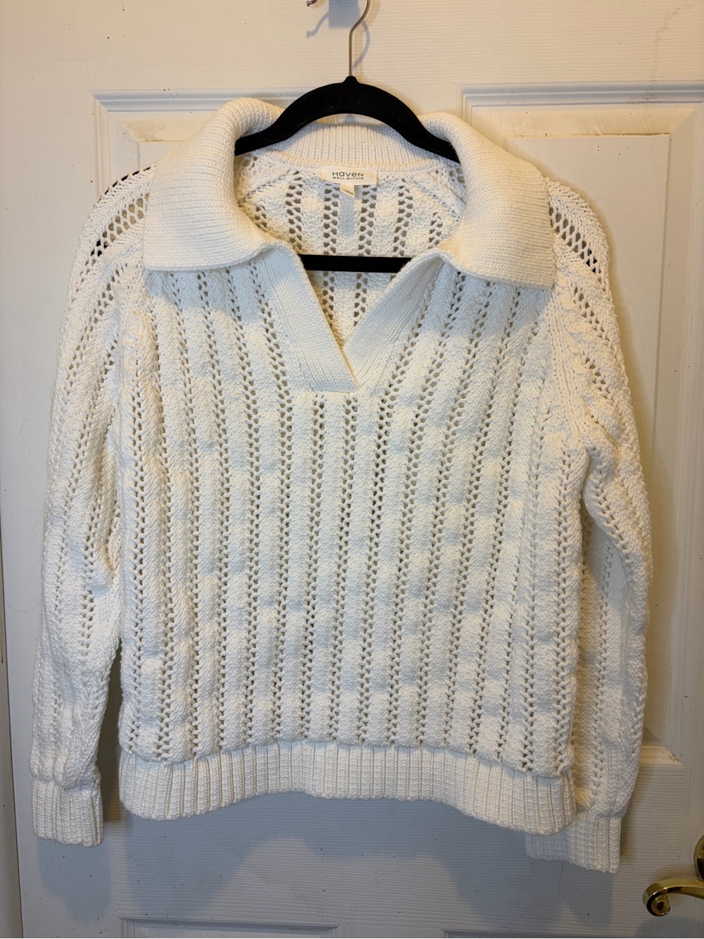 White Open-Stitch Knit Johnny Collar Sweater
